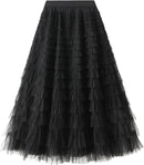Dirholl Women's A-Line Fairy Patterned Elastic Waist Ruffle Mesh Layered Midi Skirt