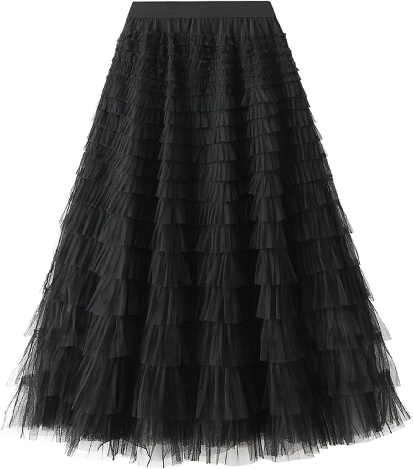 Dirholl Women's A-Line Fairy Patterned Elastic Waist Ruffle Mesh Layered Midi Skirt