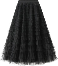 Dirholl Women's A-Line Fairy Patterned Elastic Waist Ruffle Mesh Layered Midi Skirt