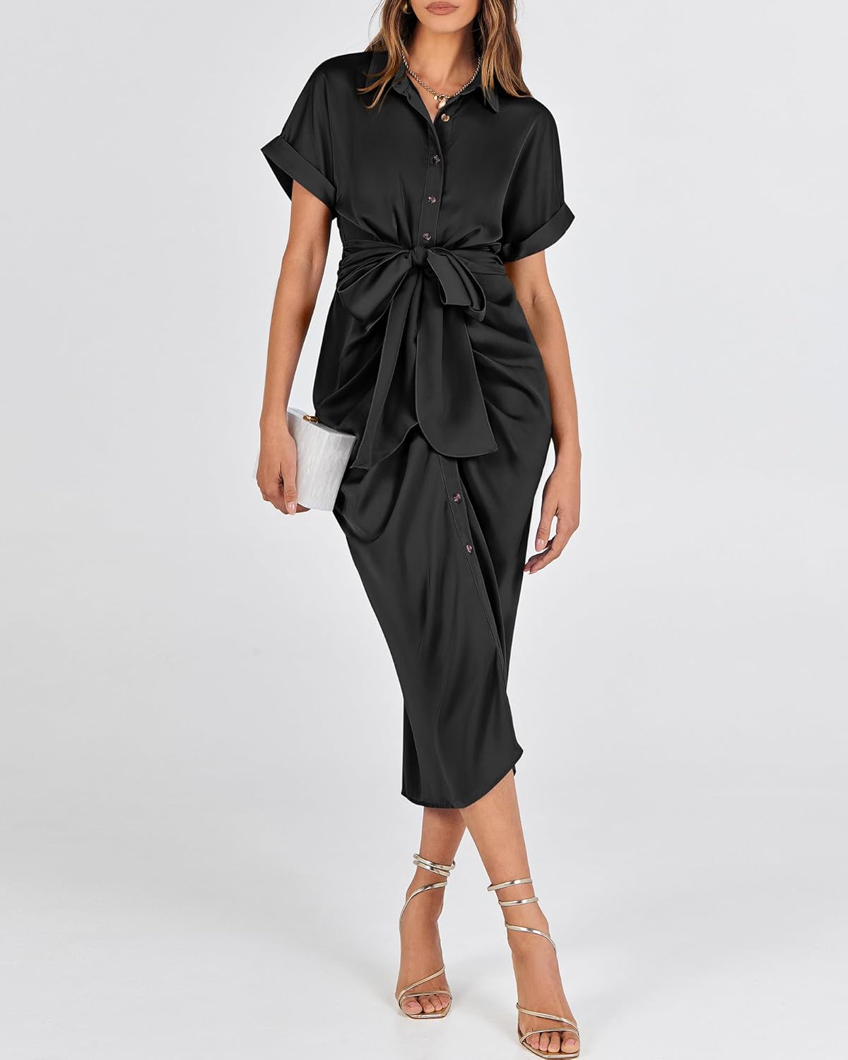 BTFBM Women Button Down Ruched Shirt Dresses Satin Short Sleeve Lapel V Neck Summer Maxi Dress 2025 Party Wedding Guest