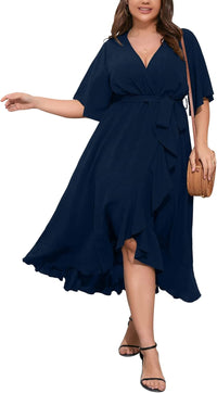 SCOMCHIC Women Plus Size Maxi Dress Short Sleeve Wrap V Neck High Low Split Ruffle Long Dress