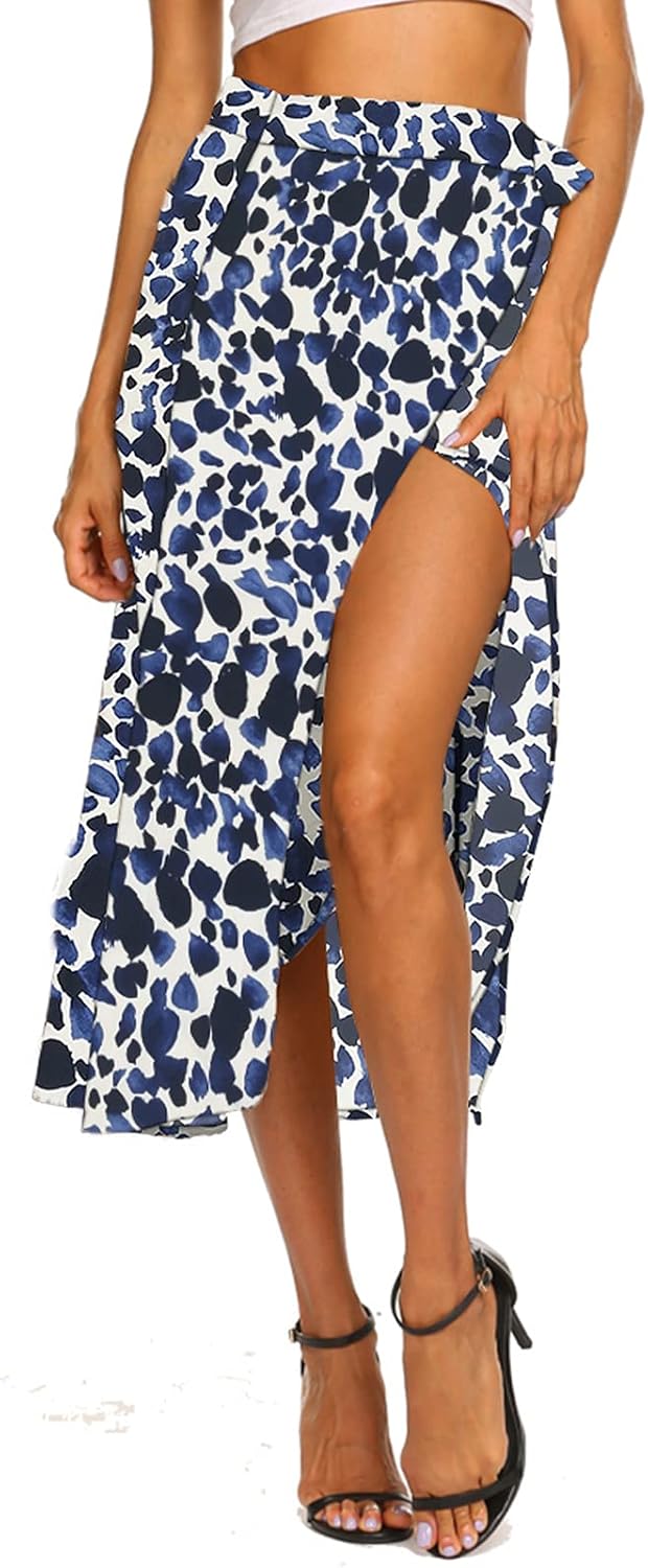 Newchoice Women's Boho Leopard Skirt High Low Split Summer Beach Midi Wrap Skirts