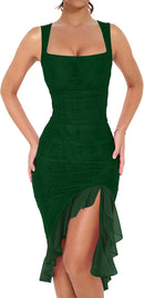 BORIFLORS Women's Sexy Ruched Bodycon Midi Dresses Square Neck Sleeveless Ruffle Hem Club Party Tank Dress