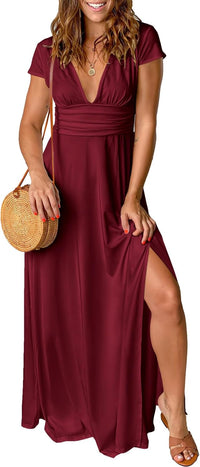 ANRABESS Women Summer Deep V Neck Short Sleeve Dresses Slit Elegant Wedding Guest Formal Cocktail Evening Maxi Long Dress