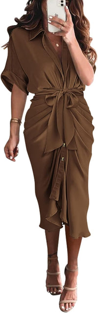 BTFBM Women Button Down Ruched Shirt Dresses Satin Short Sleeve Lapel V Neck Summer Maxi Dress 2025 Party Wedding Guest