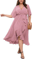 SCOMCHIC Women Plus Size Maxi Dress Short Sleeve Wrap V Neck High Low Split Ruffle Long Dress