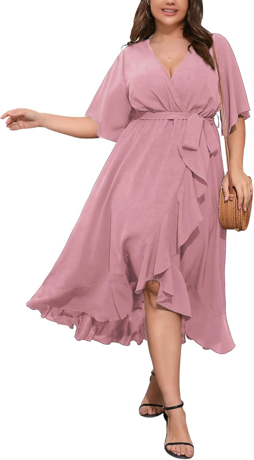SCOMCHIC Women Plus Size Maxi Dress Short Sleeve Wrap V Neck High Low Split Ruffle Long Dress