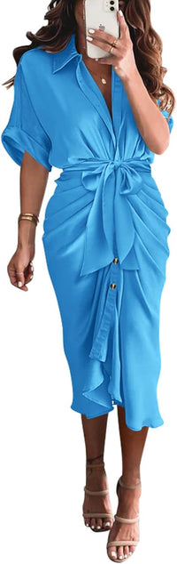 BTFBM Women Button Down Ruched Shirt Dresses Satin Short Sleeve Lapel V Neck Summer Maxi Dress 2025 Party Wedding Guest