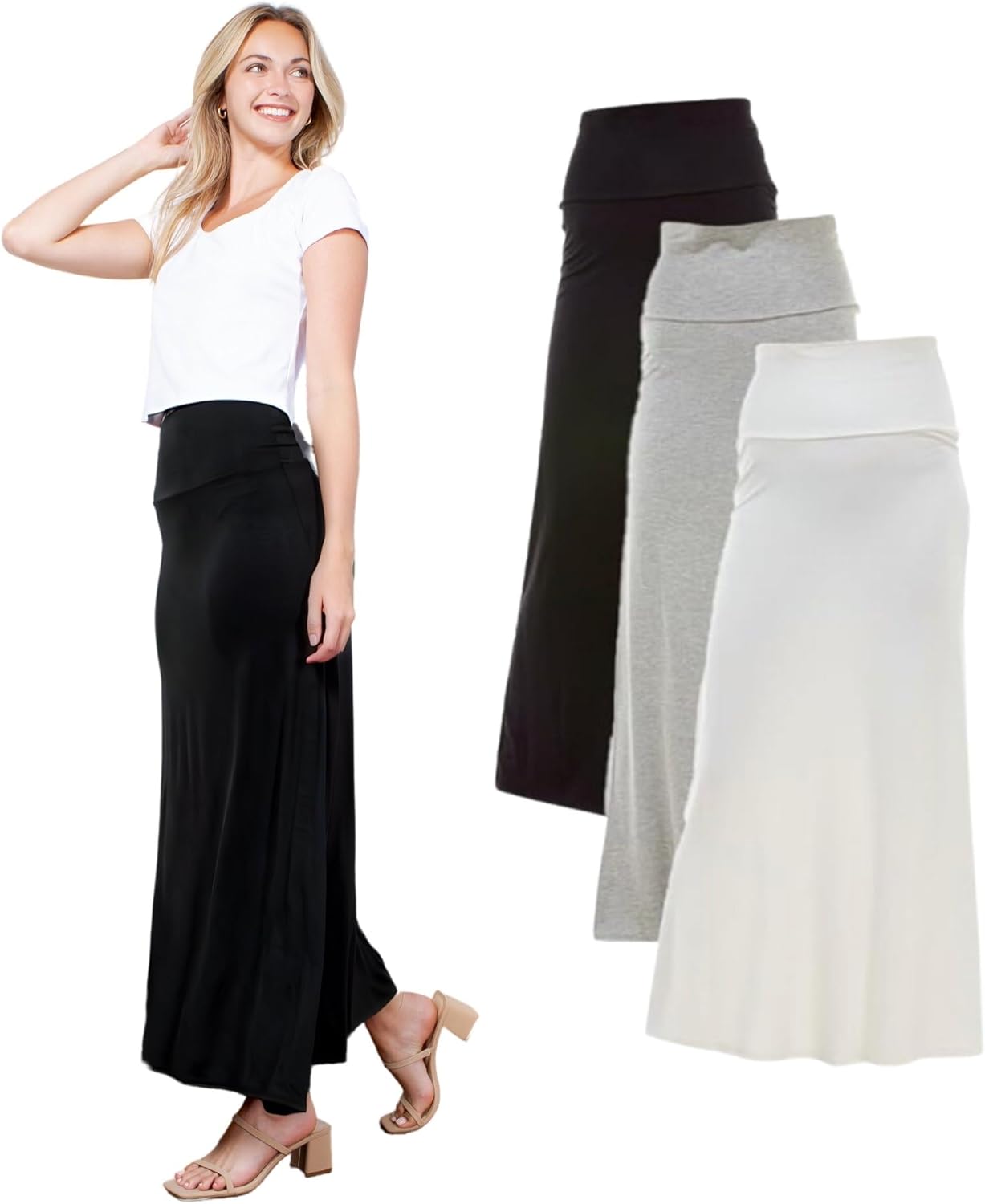 Azules Women's Maxi Skirt: Elegant, Soft, Stretchy Flowy Rayon Boho, High Waist Fold Over – Versatile for Any Occasion.