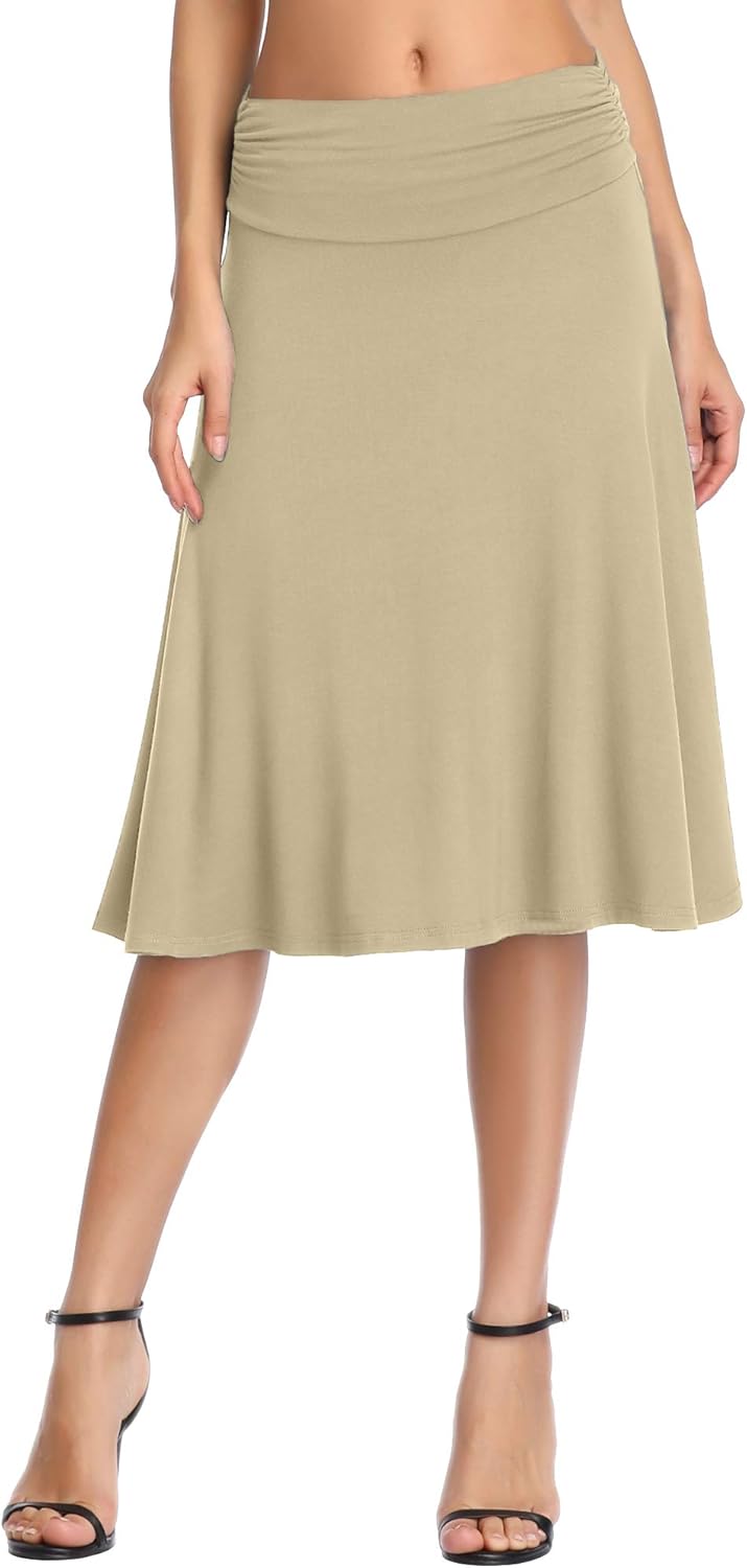 Urban CoCo Women's Ruched High Waist Knee Length Jersey A-Line Stretchy Flared Casual Skirt