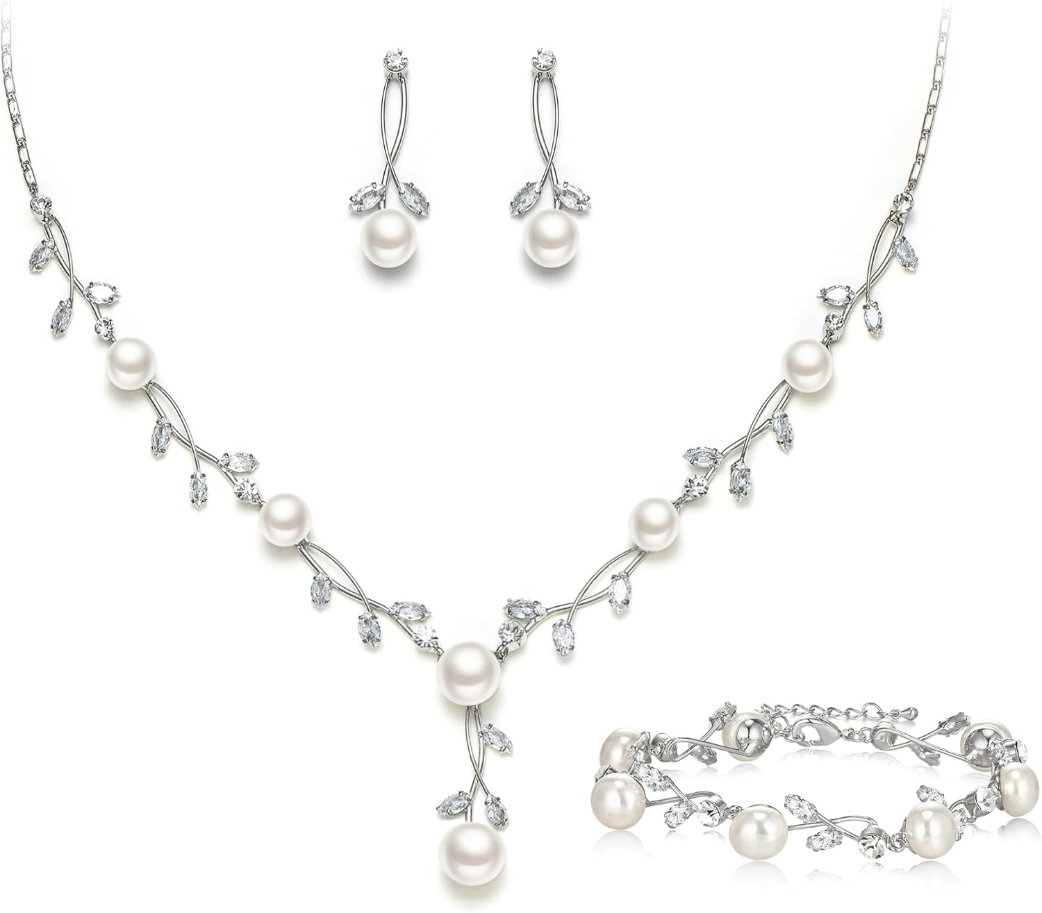 EVER FAITH Wedding Pearl Jewelry for Bride CZ Crystal Simulated Pearls Floral Vine Filigree Bridal Necklace Earrings Set