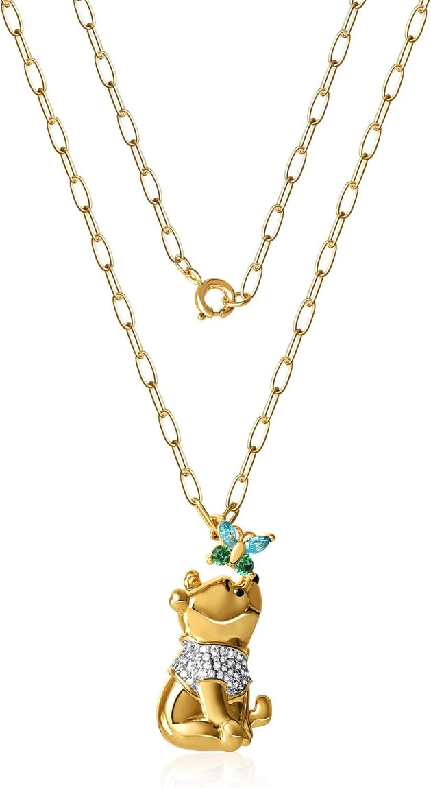 Disney Winnie the Pooh Pendant Necklace Paper Clip Chain 18-Inch - Flash Plated Necklace with Butterfly and Pooh Pendant - Winnie the Pooh Jewelry