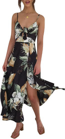 Fashionme Women Spaghetti Strap Midi Satin Dresses Tie Front Backless Split Hollow Dress