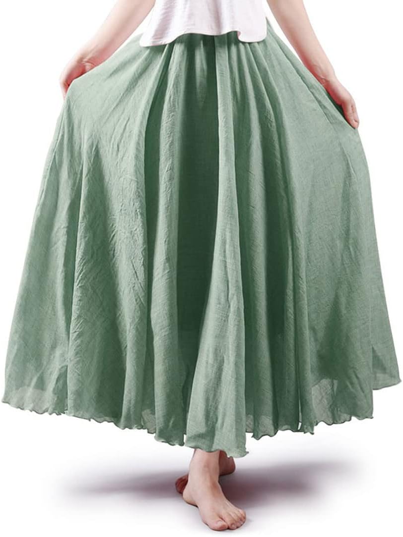 ASHER FASHION Women's Bohemian Style Elastic Waist Band Cotton Linen Long Maxi Skirt Dress