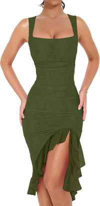 BORIFLORS Women's Sexy Ruched Bodycon Midi Dresses Square Neck Sleeveless Ruffle Hem Club Party Tank Dress