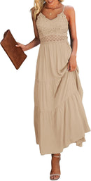 Dokuritu Women's Beach Crochet Lace Maxi Dress Solid Color Summer Vacation Spaghetti Strap Long Dress 2024