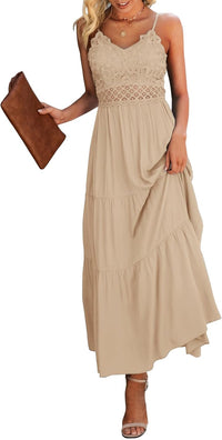 Dokuritu Women's Beach Crochet Lace Maxi Dress Solid Color Summer Vacation Spaghetti Strap Long Dress 2024