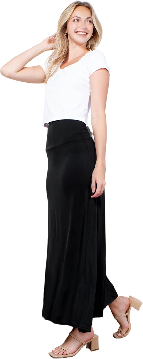 Azules Women's Maxi Skirt: Elegant, Soft, Stretchy Flowy Rayon Boho, High Waist Fold Over – Versatile for Any Occasion.