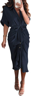 BTFBM Women Button Down Ruched Shirt Dresses Satin Short Sleeve Lapel V Neck Summer Maxi Dress 2025 Party Wedding Guest