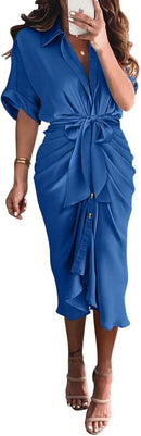 BTFBM Women Button Down Ruched Shirt Dresses Satin Short Sleeve Lapel V Neck Summer Maxi Dress 2025 Party Wedding Guest