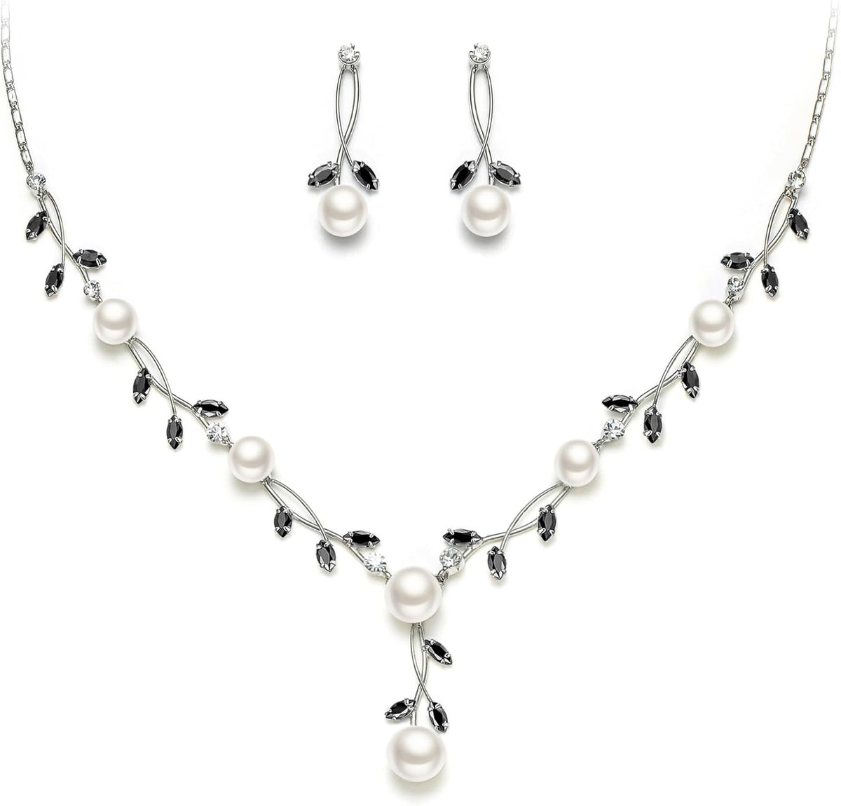 Earrings+Necklace_Black Silver-Tone