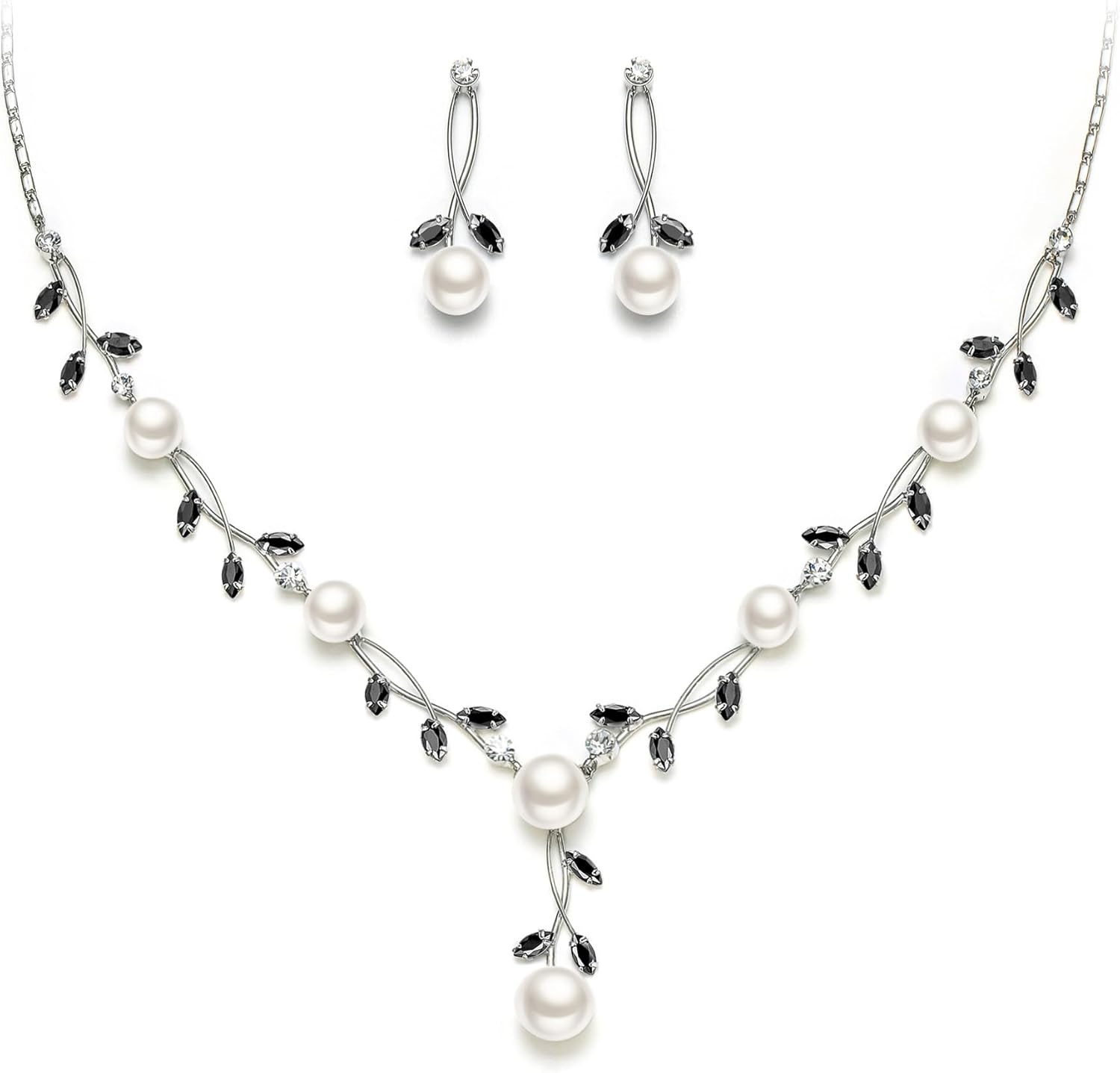 EVER FAITH Wedding Pearl Jewelry for Bride CZ Crystal Simulated Pearls Floral Vine Filigree Bridal Necklace Earrings Set