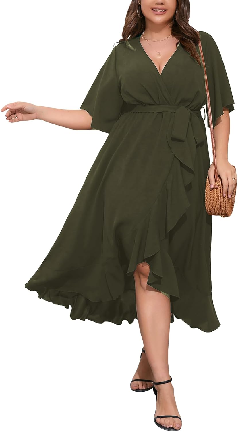 SCOMCHIC Women Plus Size Maxi Dress Short Sleeve Wrap V Neck High Low Split Ruffle Long Dress
