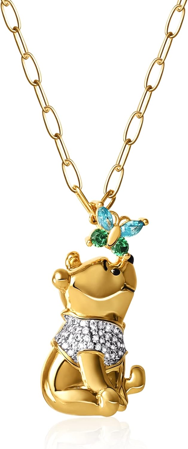 Disney Winnie the Pooh Pendant Necklace Paper Clip Chain 18-Inch - Flash Plated Necklace with Butterfly and Pooh Pendant - Winnie the Pooh Jewelry