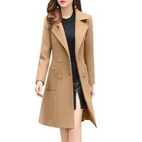 SCUSTY Women Winter Wool Blend Camel Mid-Long Coat Notch Double-Breasted Lapel Jacket Outwear