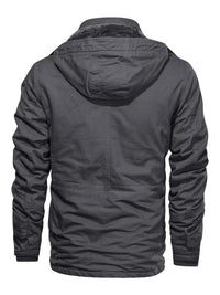 Men's Solid Pocket Zipper Detachable Hood Design Jacket, Regular Fit Casual Long Sleeve Button Hooded Outerwear for Fall & Winter, Men's Clothes for Daily Wear