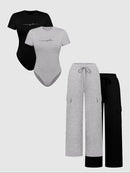 Women's Shortsleeve Bodysuit & Drawstring Waist Pants Set, Fitted Casual Style Round Neck Snap Bodysuit & Pocket Trousers, Minimalist Clothes for All Seasons, Y2k Statement Outfits Set, Womenswear, Basic Casual Matching Yoga Clothes Set