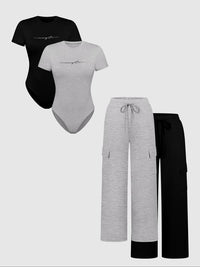 Women's Shortsleeve Bodysuit & Drawstring Waist Pants Set, Fitted Casual Style Round Neck Snap Bodysuit & Pocket Trousers, Minimalist Clothes for All Seasons, Y2k Statement Outfits Set, Womenswear, Basic Casual Matching Yoga Clothes Set