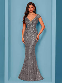 Women's Sequins Mermaid Evening Dress, Elegant V Neck Cap Sleeve Evening Party Gown, Ladies Clothes for Prom Cocktail Banquet Wedding Guest, Formal Wear