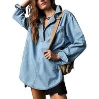 Tankaneo Women's Denim Pullover Casual Notch V Neck Blouse Loose Fit Long Sleeve Jean Jacket with Pocket