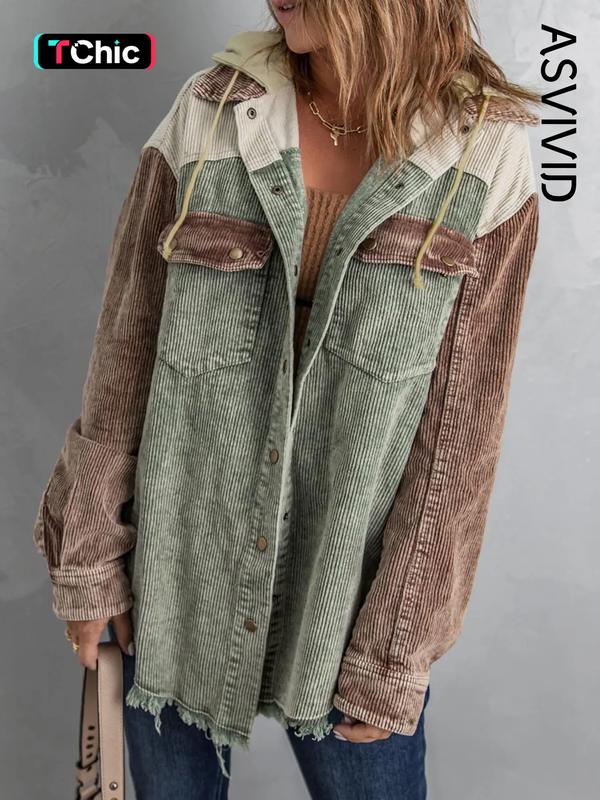 Women's Colorblock Button Front Corduroy Jacket, Casual Drop Shoulder Long Sleeve Outerwear For Fall & Winter, Ladies Clothes For Daily Wear