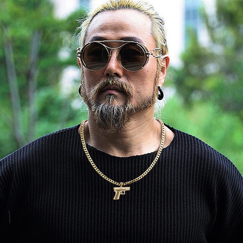 Holylegend 14K Real Gold-Plated Gun Pendant Necklace with AAAA CZ Diamonds, Streetwear Cuban and Rope Chain Jewelry, Bling Accessories Gift for Him, Men's Iced Out Hip Hop Chain