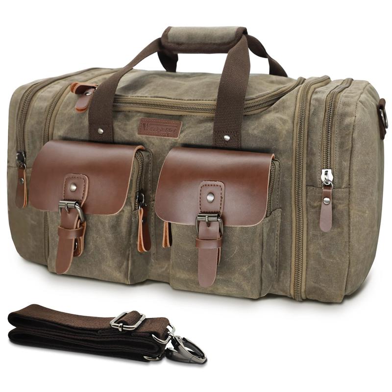 Wildroad Duffle Bag for Men Waterproof Waxed Canvas Genuine Leather Weekender Overnight Vintage Durable Travel Crossbodybag Handbag Tote Shoulder Bag Carry On Travel Essentials Accessories Luggage Large Capacity Personal Hiking Gear Everyday Suitcases