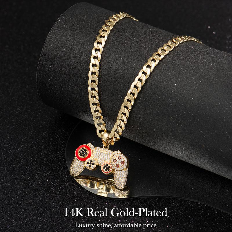 Holylegend 14K Real Gold-Plated Game Controller Necklace, Sony-Inspired CZ Diamond Pendant, 24" Cuban & Rope Chain, Hip Hop Jewelry Gift for PlayStation Fans