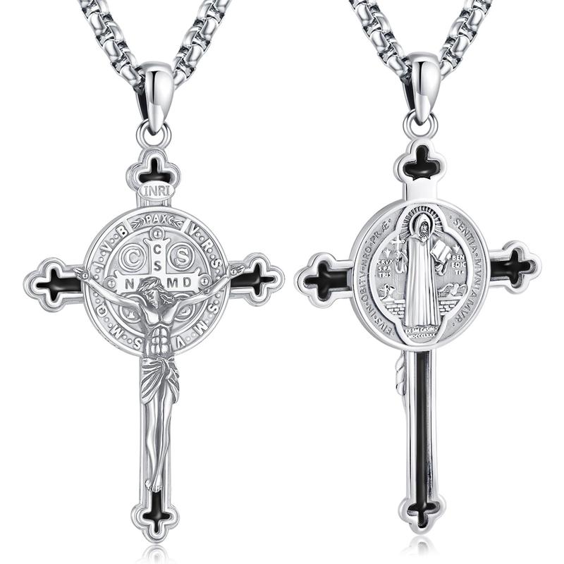 DRINSPER Saint Benedict Cross Necklace 925 Sterling Silver San Benito Pendant Necklace, Pardon Crucifix Necklace, Religious Jewelry for Men Women