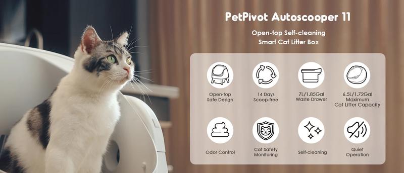 PetPivot AutoScooper 11 Open-Top Self-Cleaning Cat Litter Box，Odor-Free Waste Disposal includes Trash Bags