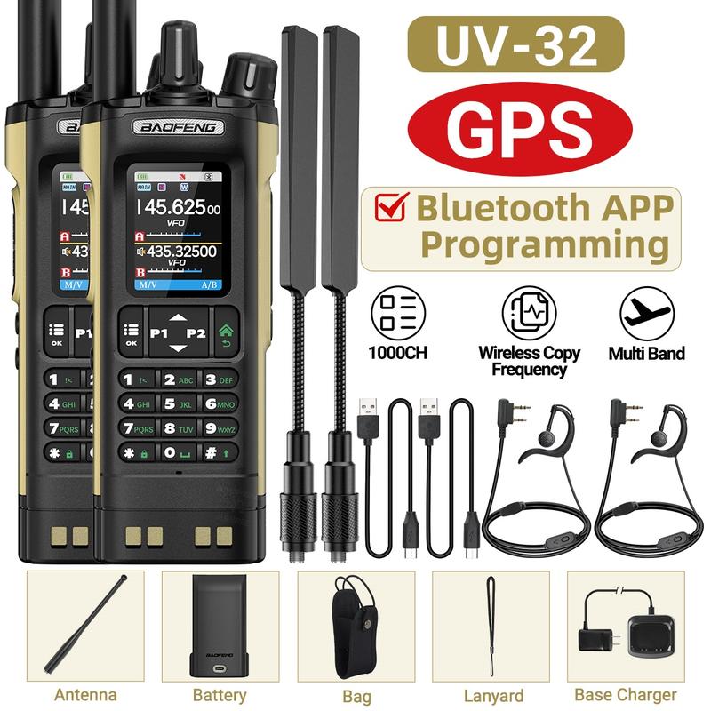 1/2PCS BAOFENG UV32 GPS Ham Radio Walkie Talkie 10W APP Programming Wireless Copy Frequency Rechargeable uv32 Multi Band 2500mAh UV-32 uv-32 Type-C AM FM NOAA Radio