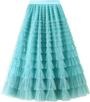 Dirholl Women's A-Line Fairy Patterned Elastic Waist Ruffle Mesh Layered Midi Skirt
