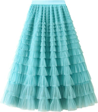 Dirholl Women's A-Line Fairy Patterned Elastic Waist Ruffle Mesh Layered Midi Skirt