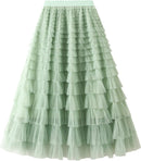 Dirholl Women's A-Line Fairy Patterned Elastic Waist Ruffle Mesh Layered Midi Skirt