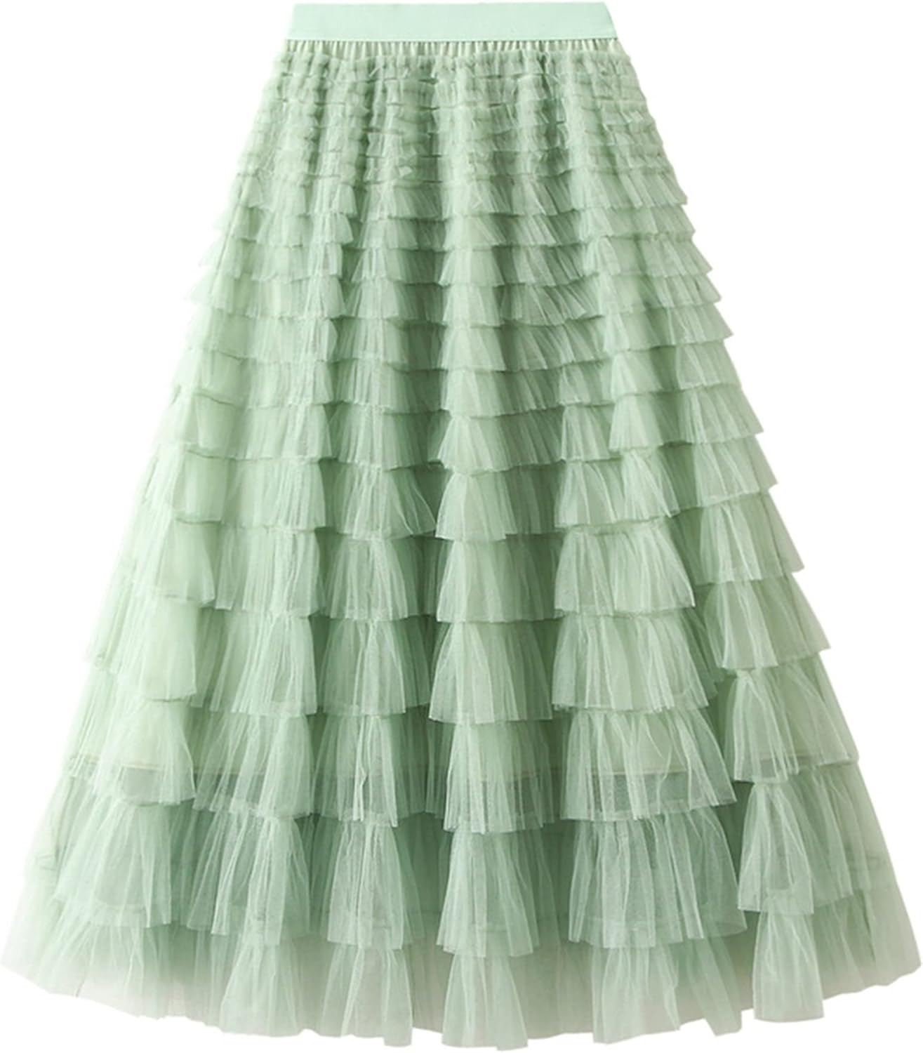 Dirholl Women's A-Line Fairy Patterned Elastic Waist Ruffle Mesh Layered Midi Skirt
