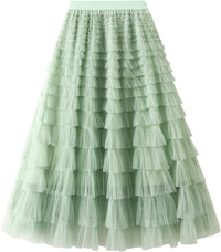Dirholl Women's A-Line Fairy Patterned Elastic Waist Ruffle Mesh Layered Midi Skirt