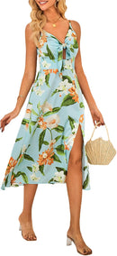 Fashionme Women Spaghetti Strap Midi Satin Dresses Tie Front Backless Split Hollow Dress