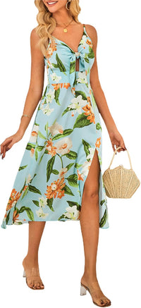 Fashionme Women Spaghetti Strap Midi Satin Dresses Tie Front Backless Split Hollow Dress