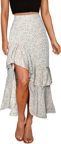 BTFBM Women 2025 Summer Fall Boho Long Skirts Dress Floral Print Elastic Waist Split Ruffle High Low Beach Maxi Skirt