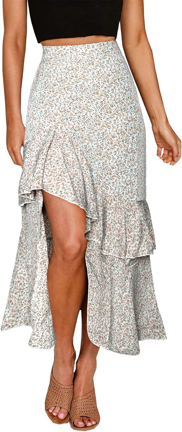 BTFBM Women 2025 Summer Fall Boho Long Skirts Dress Floral Print Elastic Waist Split Ruffle High Low Beach Maxi Skirt